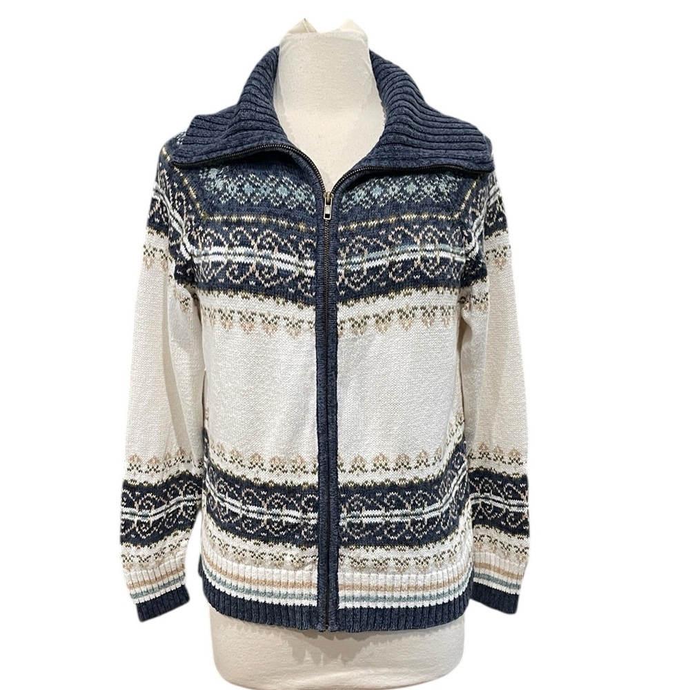 Vintage Heirloom Collectables Cotton Blend Full Zip Sweater SZ M Cream Blue